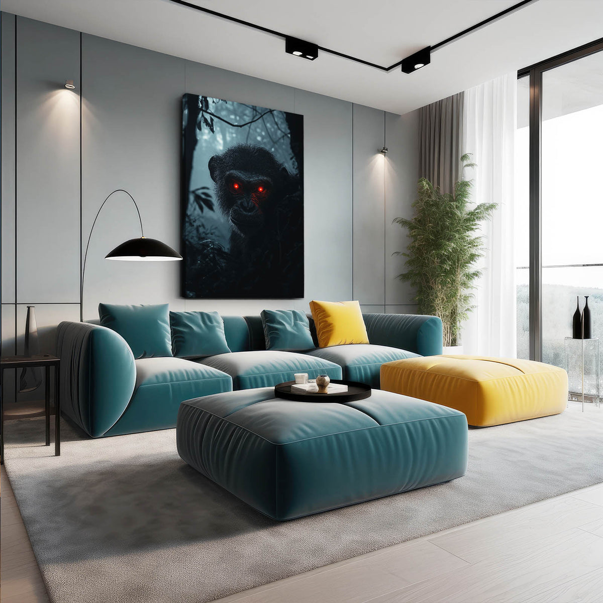 Crimson Eyed Shadow Monkey Canvas Art — surrealism canvas print, styled in a furnished interior