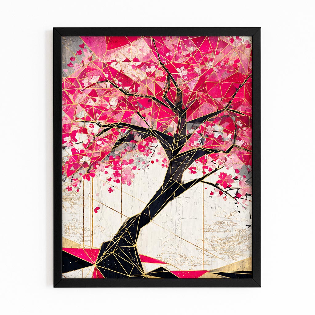 Crimson Geometric Tree Cherry Blossom Wall Art – with Premium Black frame on white background