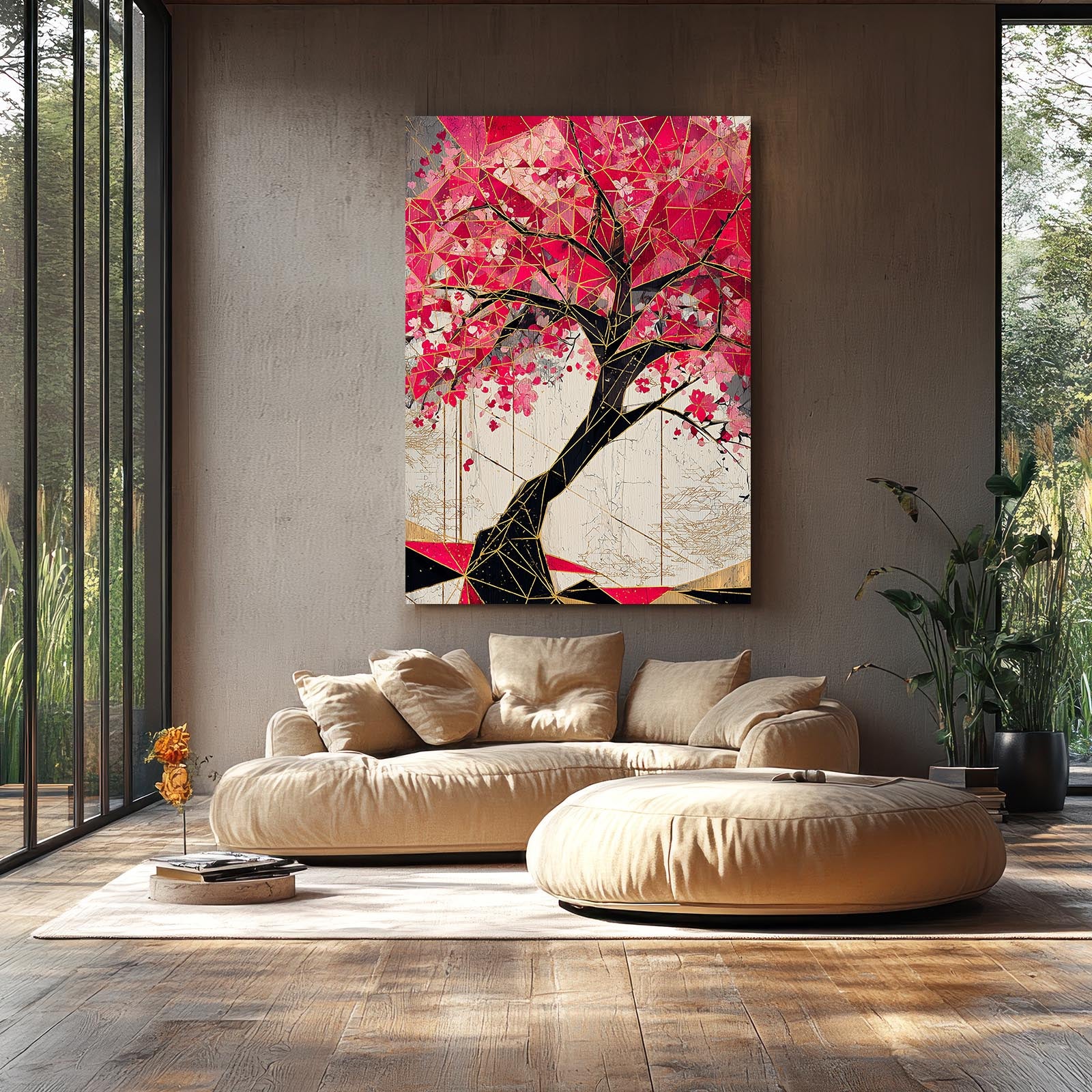 Crimson Geometric Tree Cherry Blossom Wall Art – styled in a furnished interior