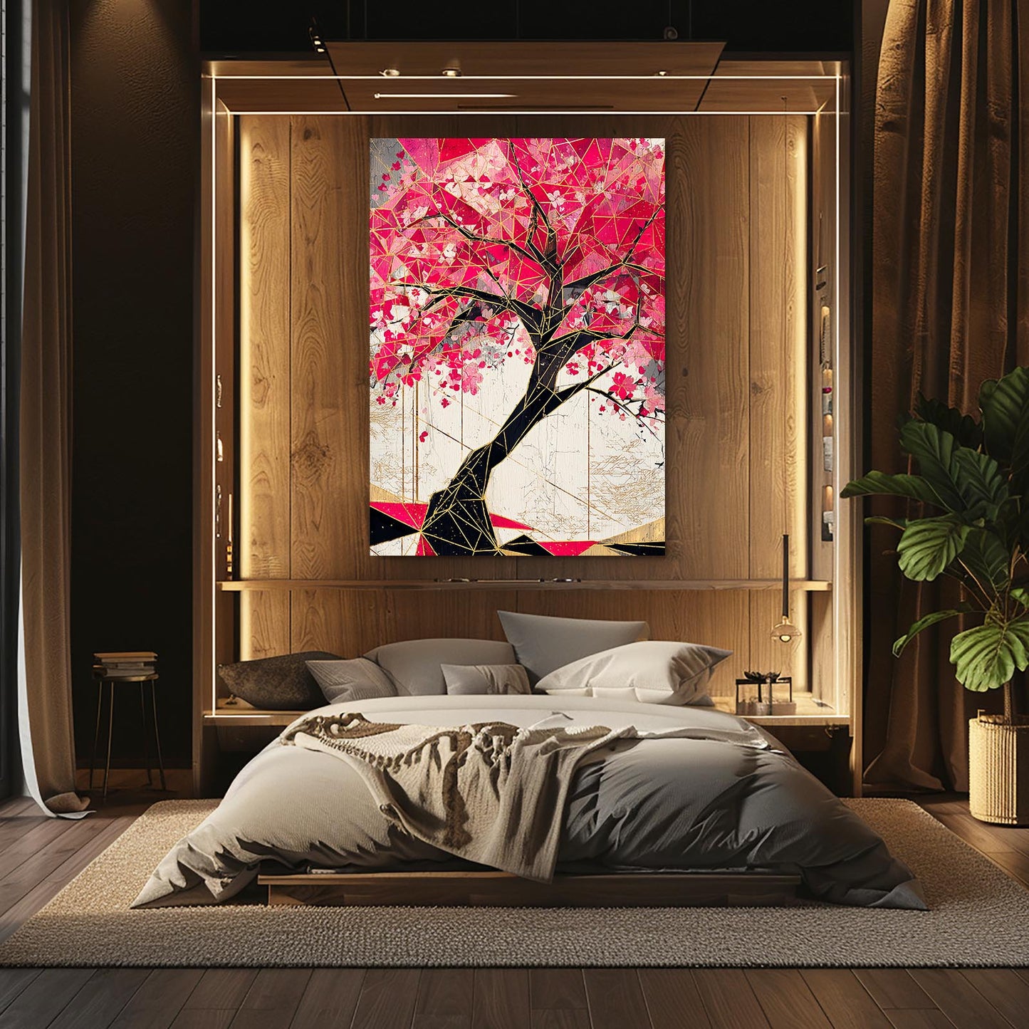 Crimson Geometric Tree Cherry Blossom Wall Art – styled in a furnished interior