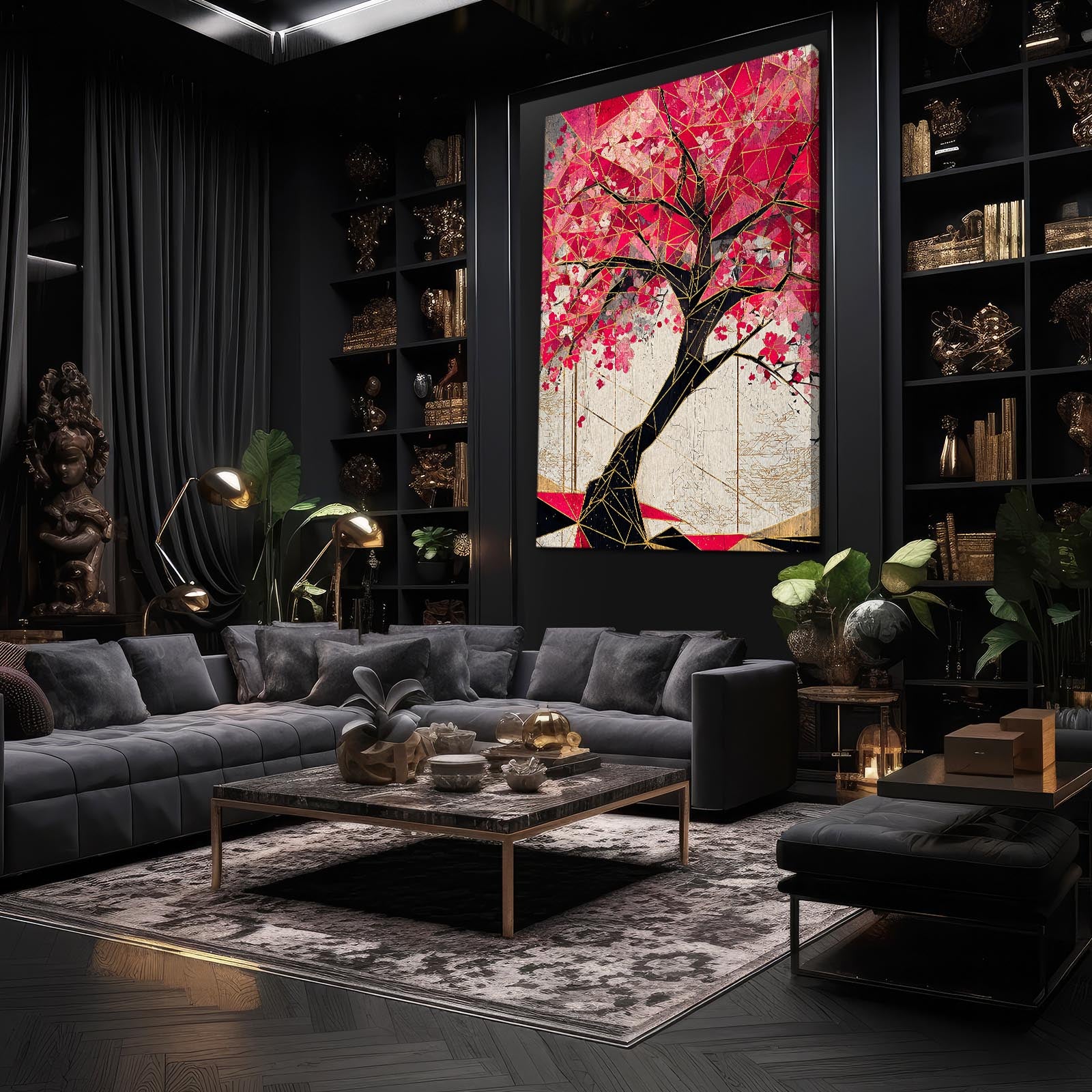 Crimson Geometric Tree Cherry Blossom Wall Art – styled in a furnished interior