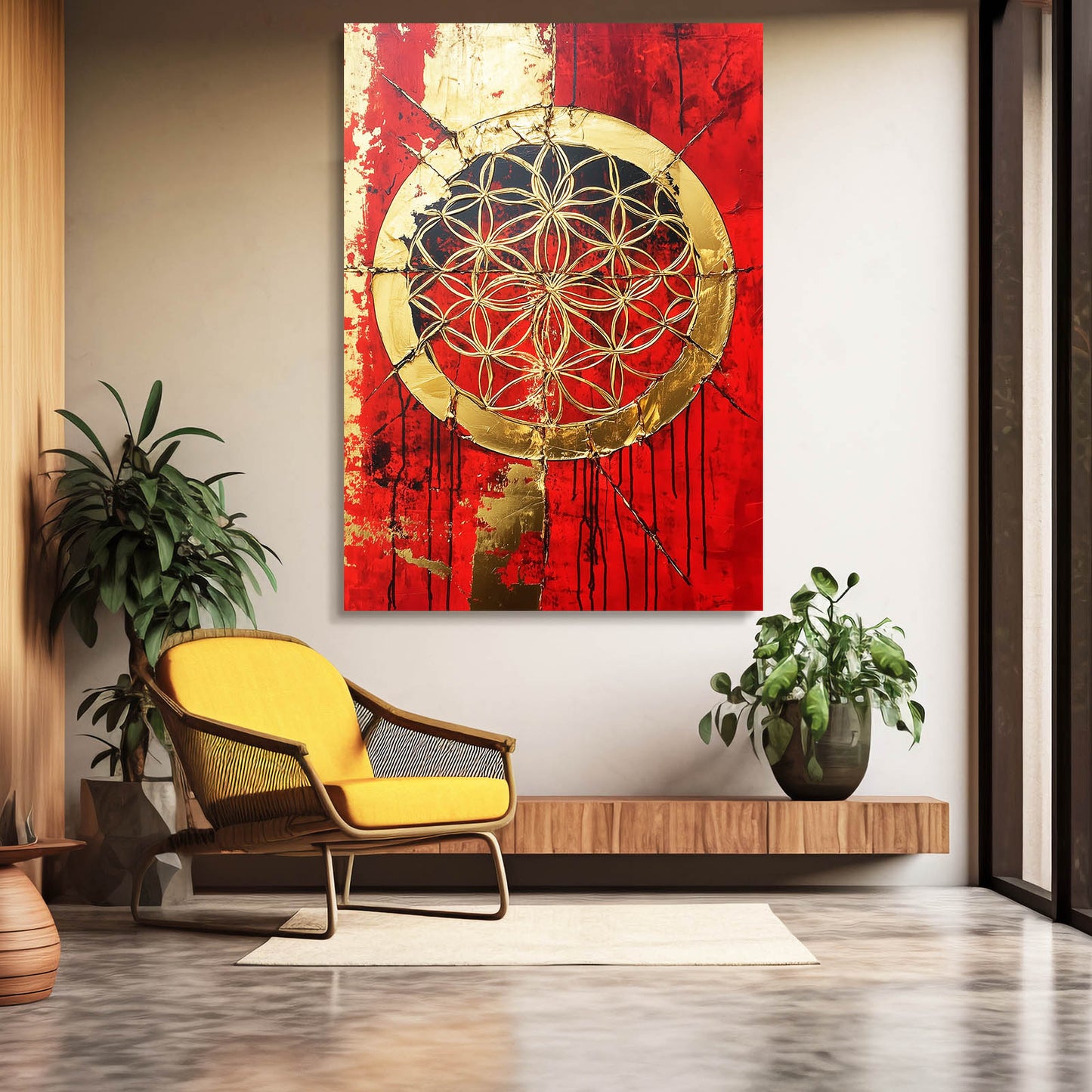 Crimson Gold Fracture Flower Of Life Prints – styled in a furnished interior