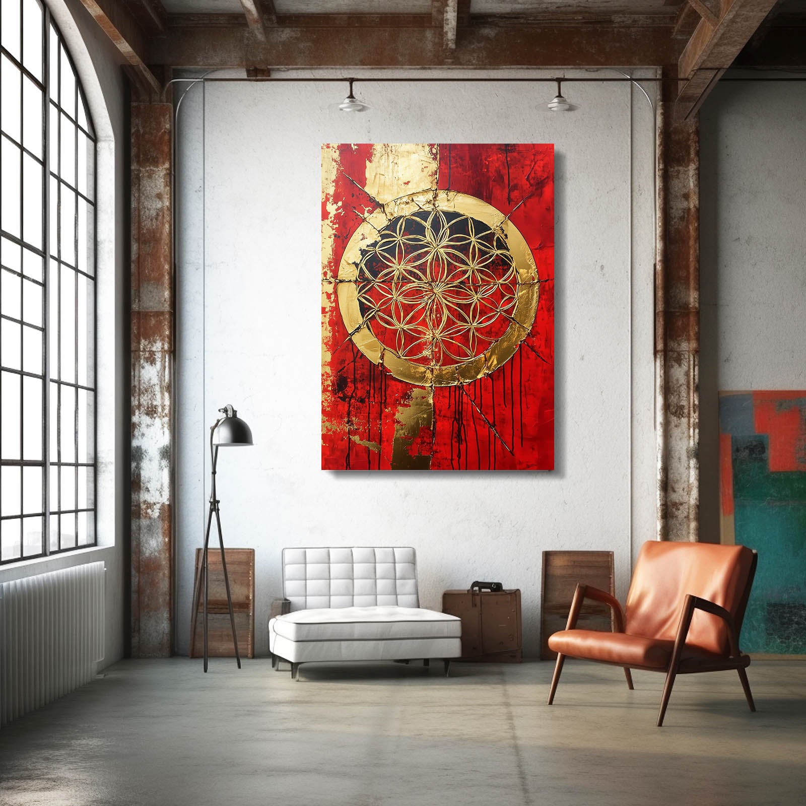 Crimson Gold Fracture Flower Of Life Prints – styled in a furnished interior