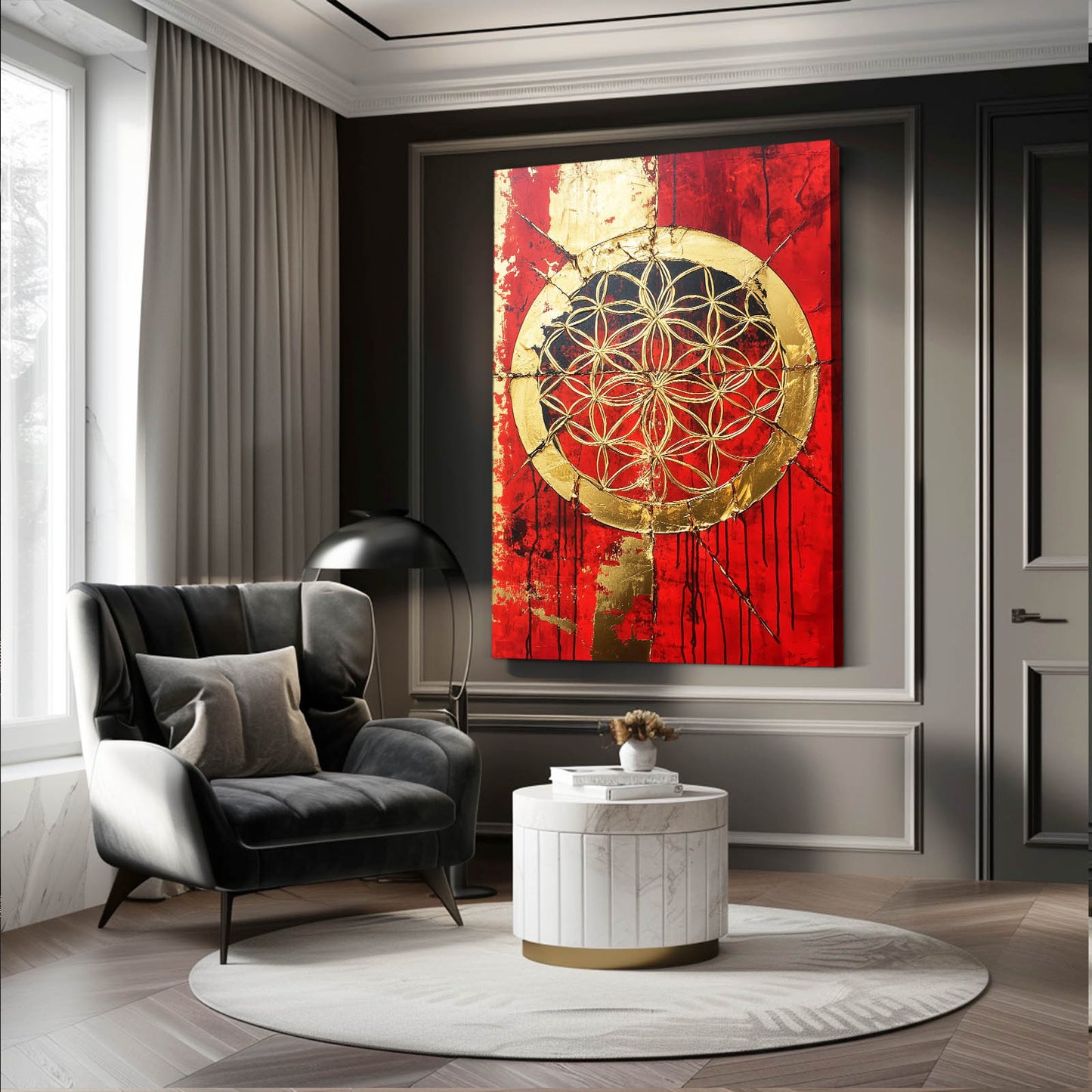 Crimson Gold Fracture Flower Of Life Prints – styled in a furnished interior