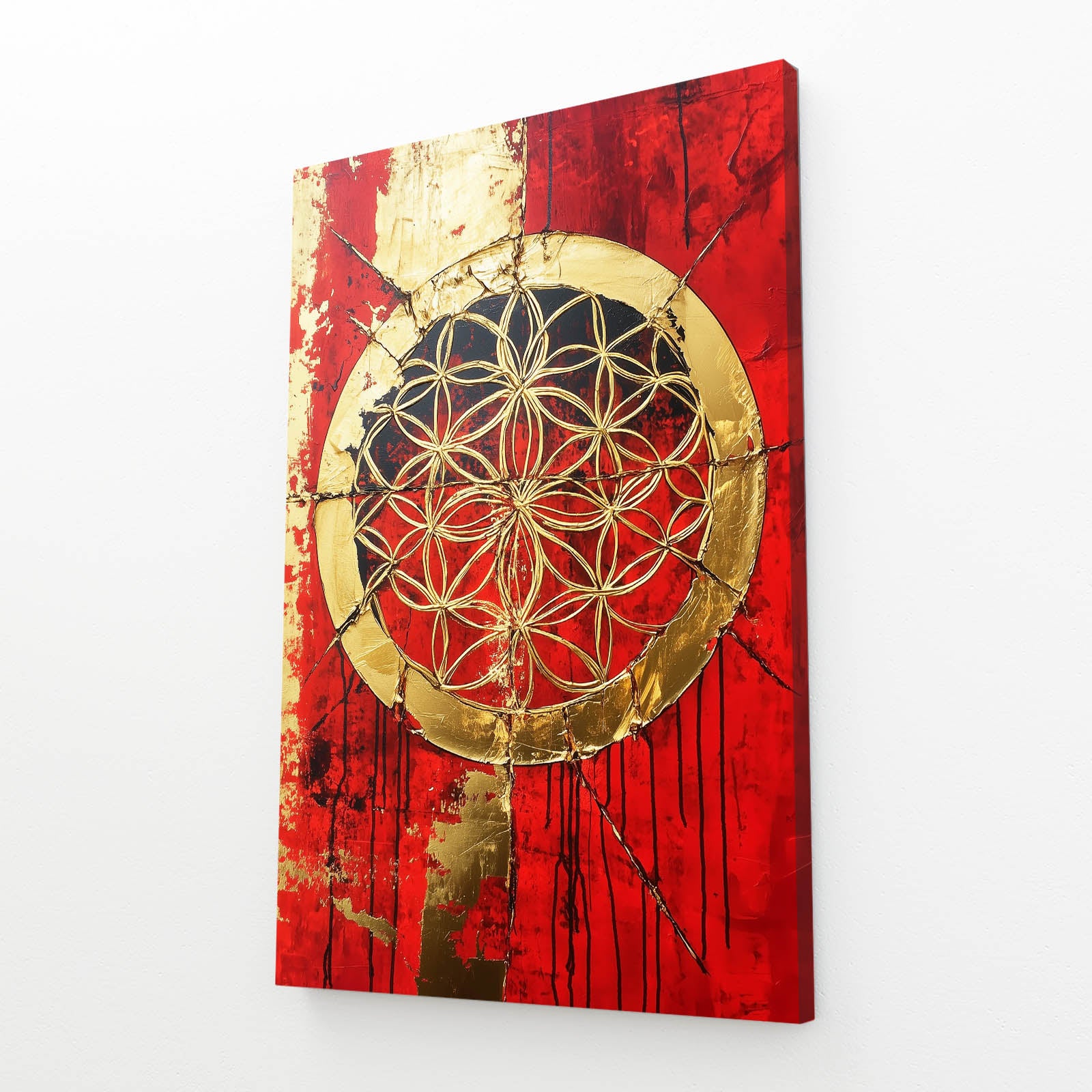 Crimson Gold Fracture Flower Of Life Prints – angled canvas view on white background