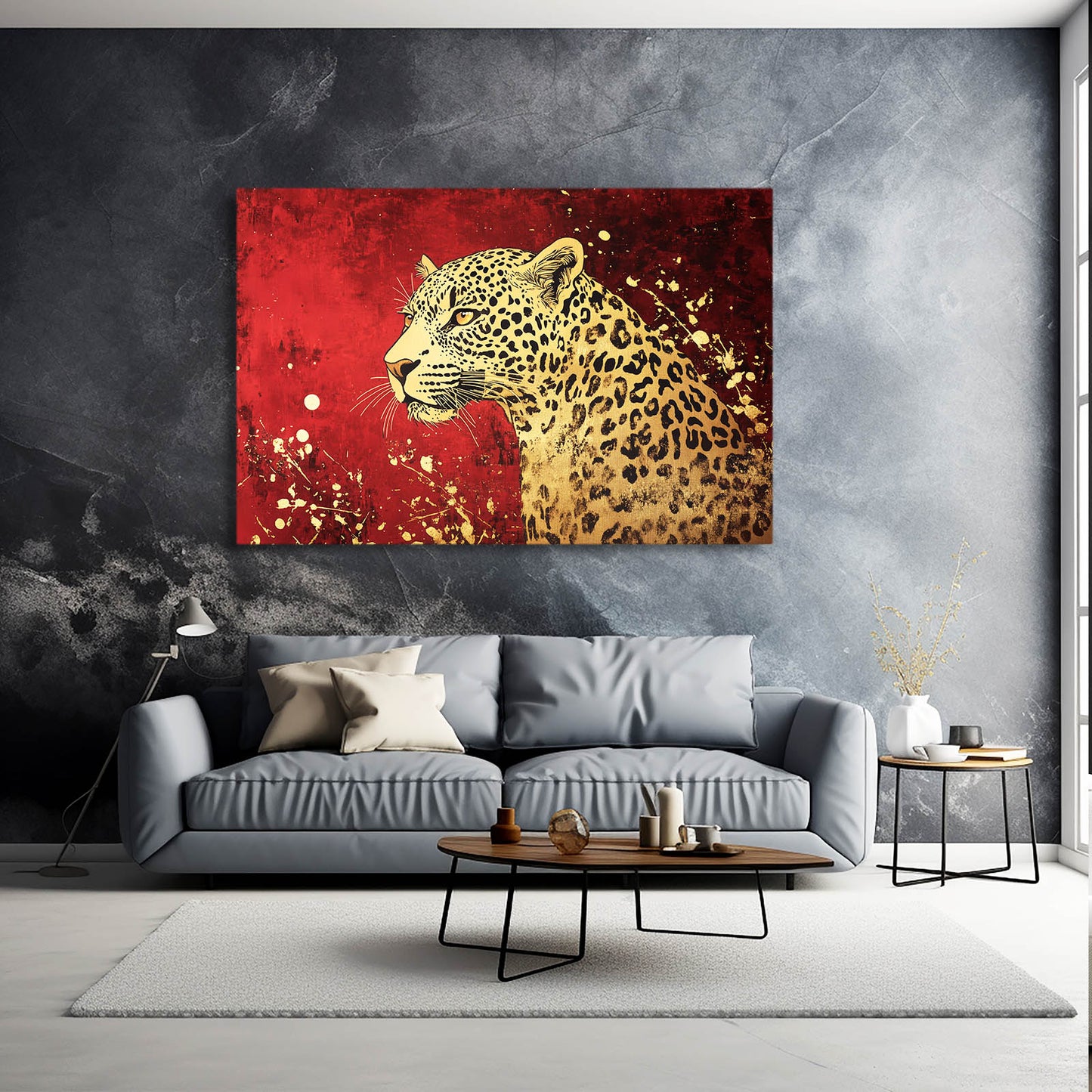 Crimson Gold Splatter Leopard Canvas – styled in a furnished interior
