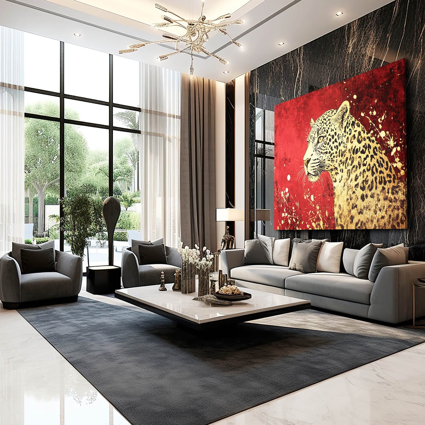 Crimson Gold Splatter Leopard Canvas – styled in a furnished interior