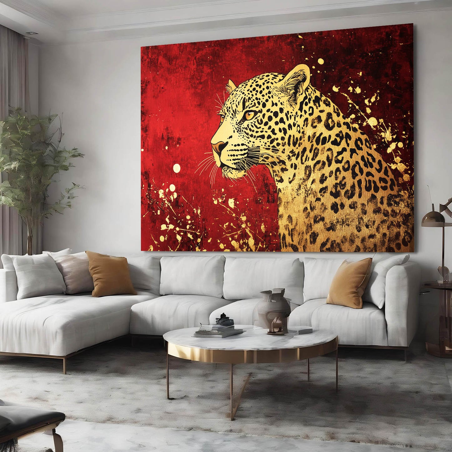 Crimson Gold Splatter Leopard Canvas – styled in a furnished interior