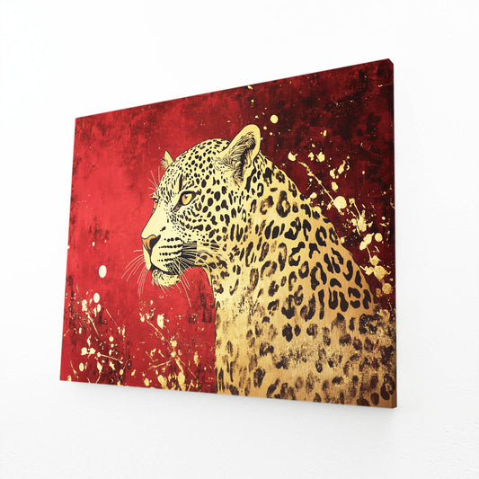 Crimson Gold Splatter Leopard Canvas – angled canvas view on white background
