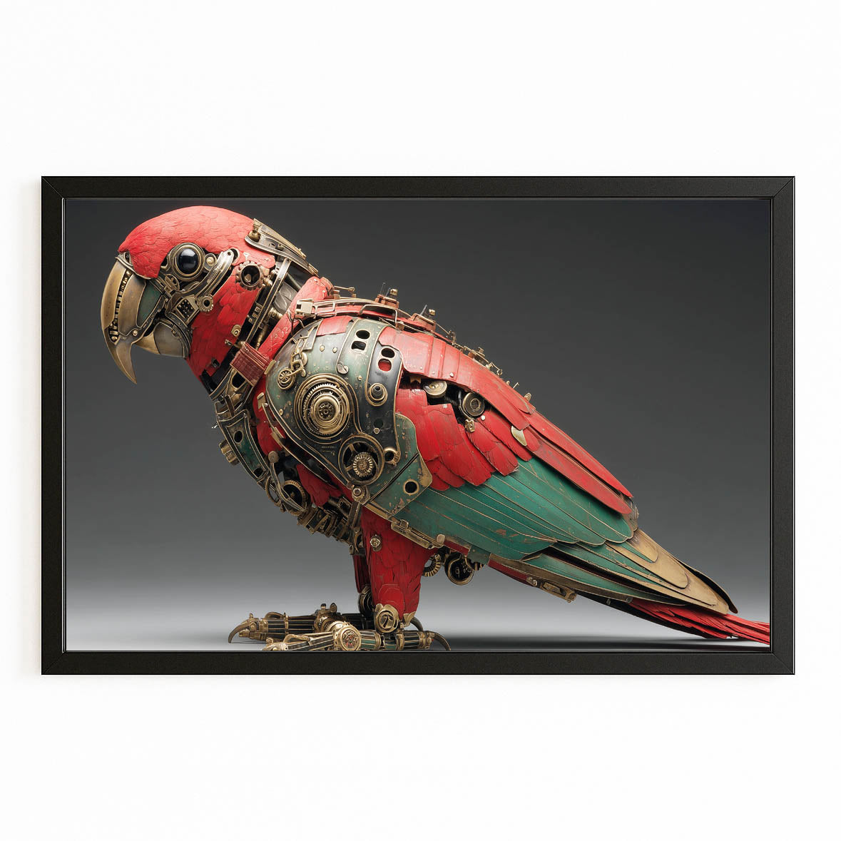 Crimson Green Parrot Steampunk Wall Decor – with Premium Black frame on white background