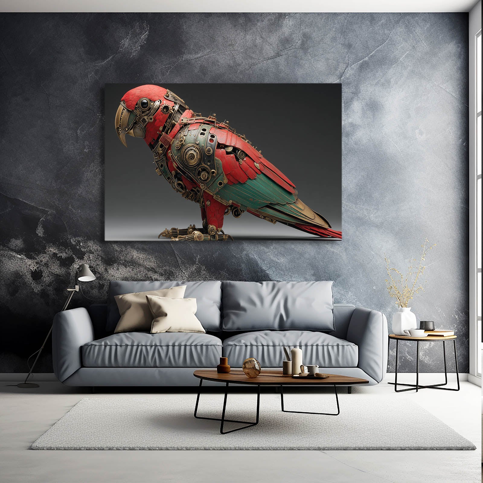 Crimson Green Parrot Steampunk Wall Decor – styled in a furnished interior
