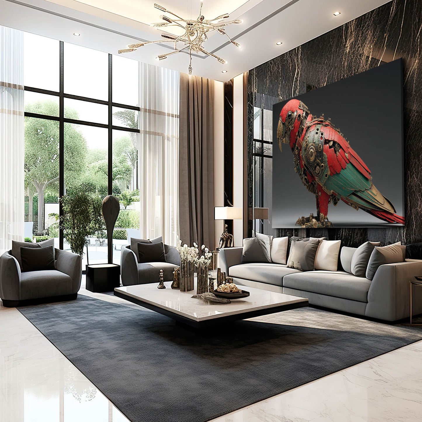 Crimson Green Parrot Steampunk Wall Decor – styled in a furnished interior