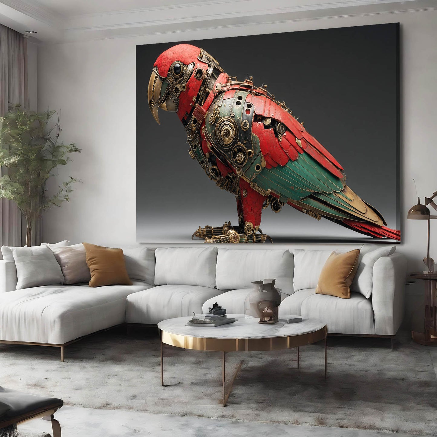 Crimson Green Parrot Steampunk Wall Decor – styled in a furnished interior