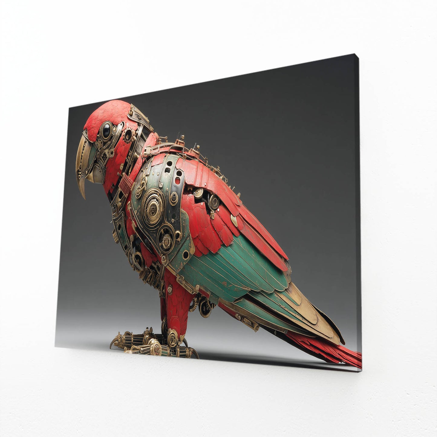 Crimson Green Parrot Steampunk Wall Decor – angled canvas view on white background