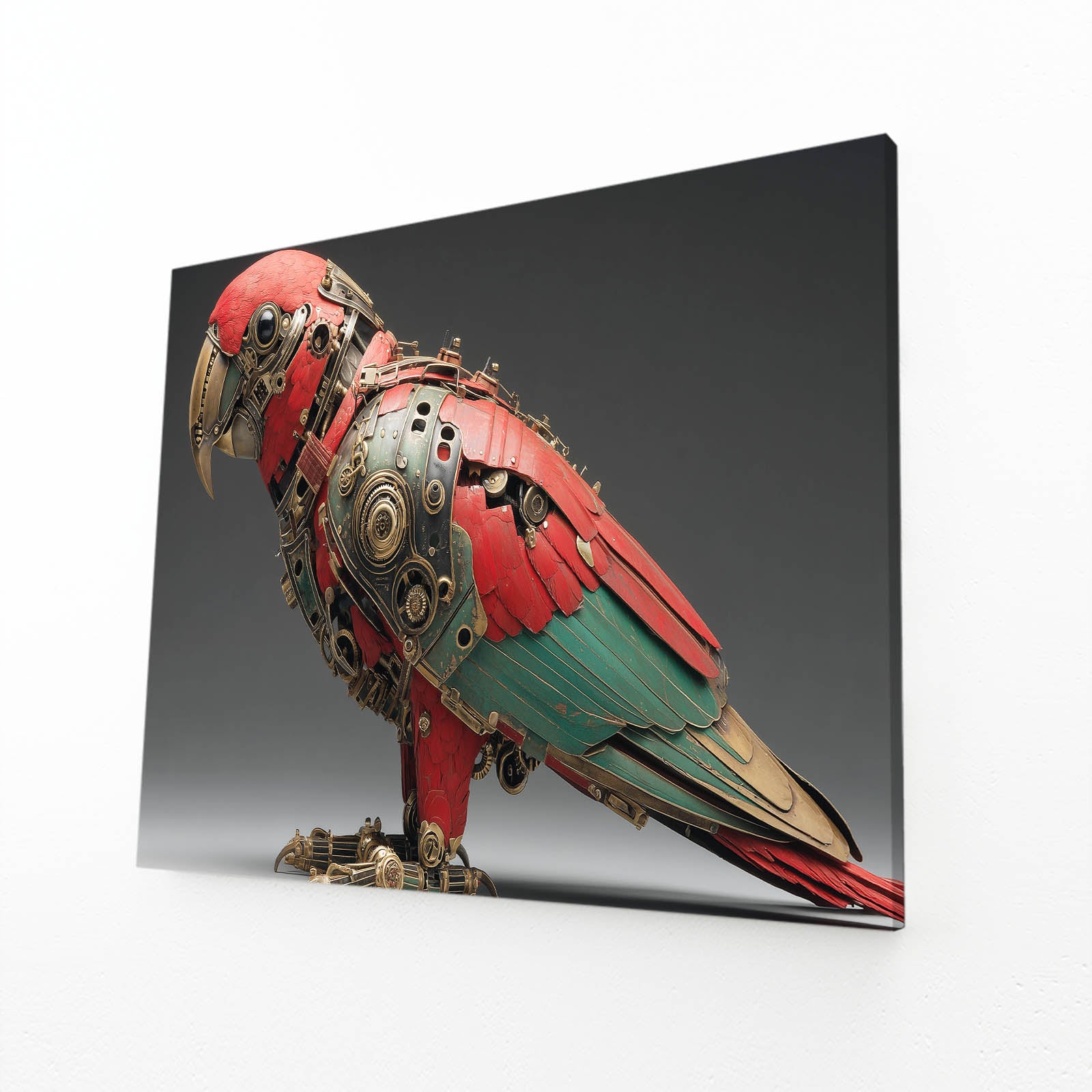 Crimson Green Parrot Steampunk Wall Decor – angled canvas view on white background