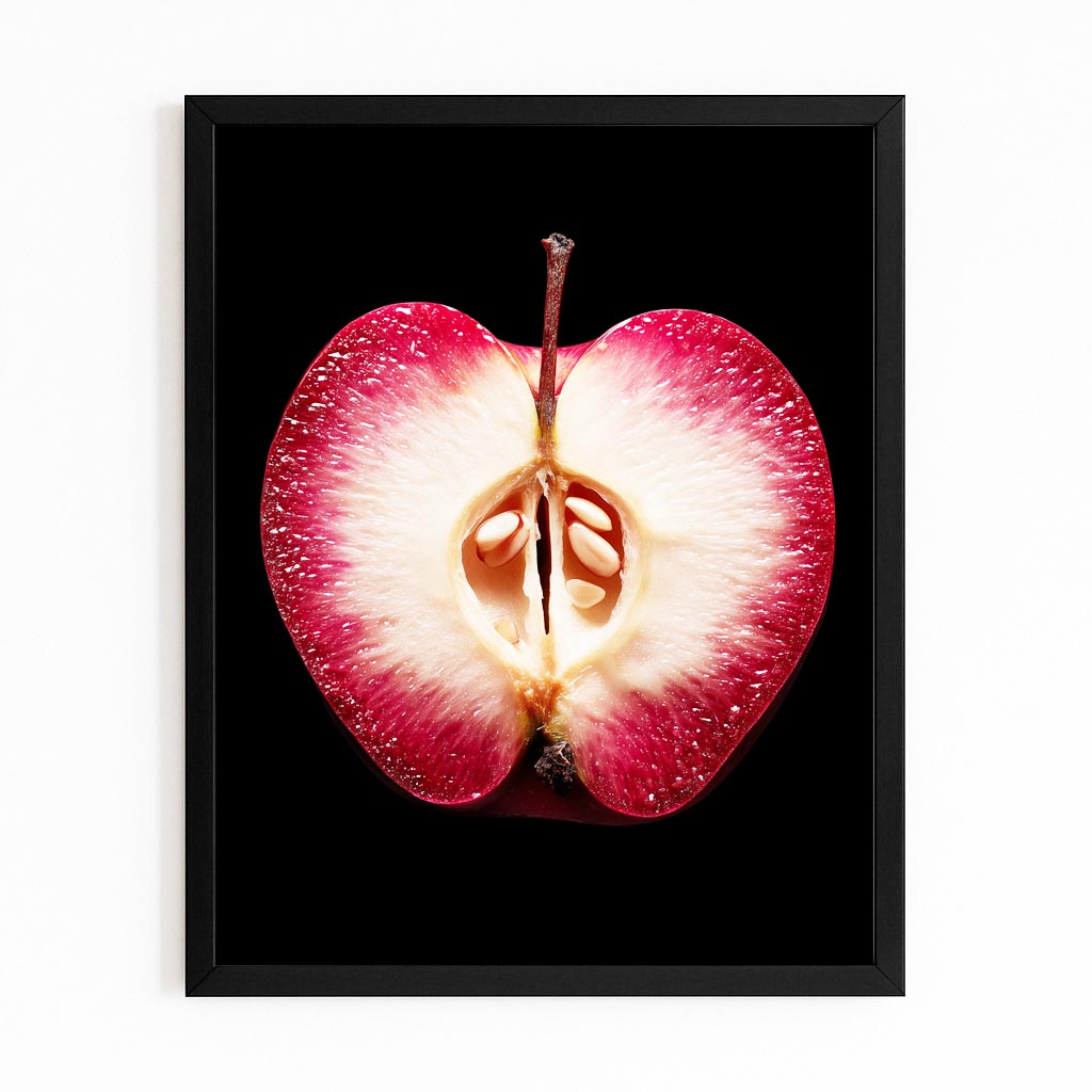 Crimson Half Section Apple Prints – with Premium Black frame on white background
