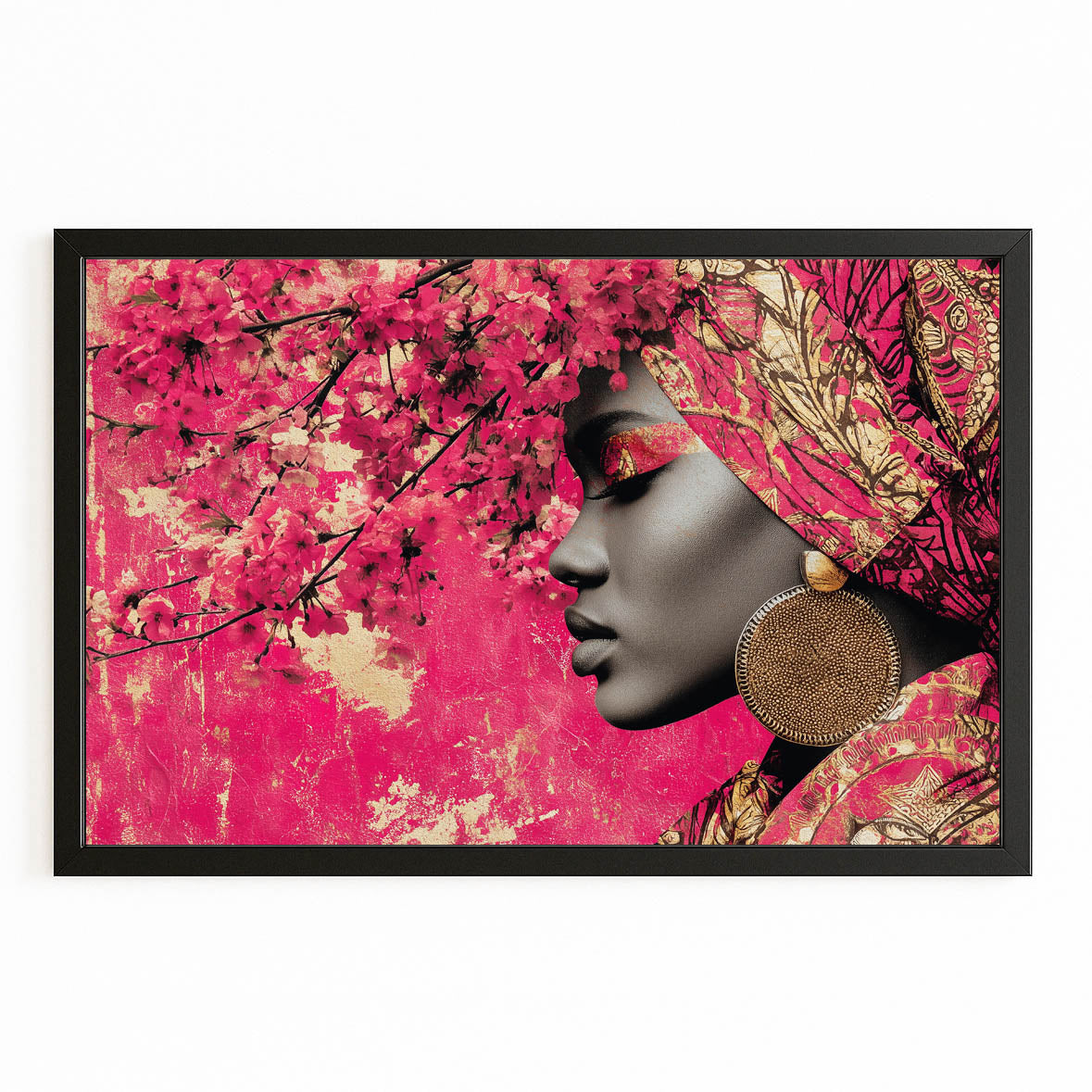 Crimson Headwrap Portrait Cherry Blossom Wall Art – with Premium Black frame on white background