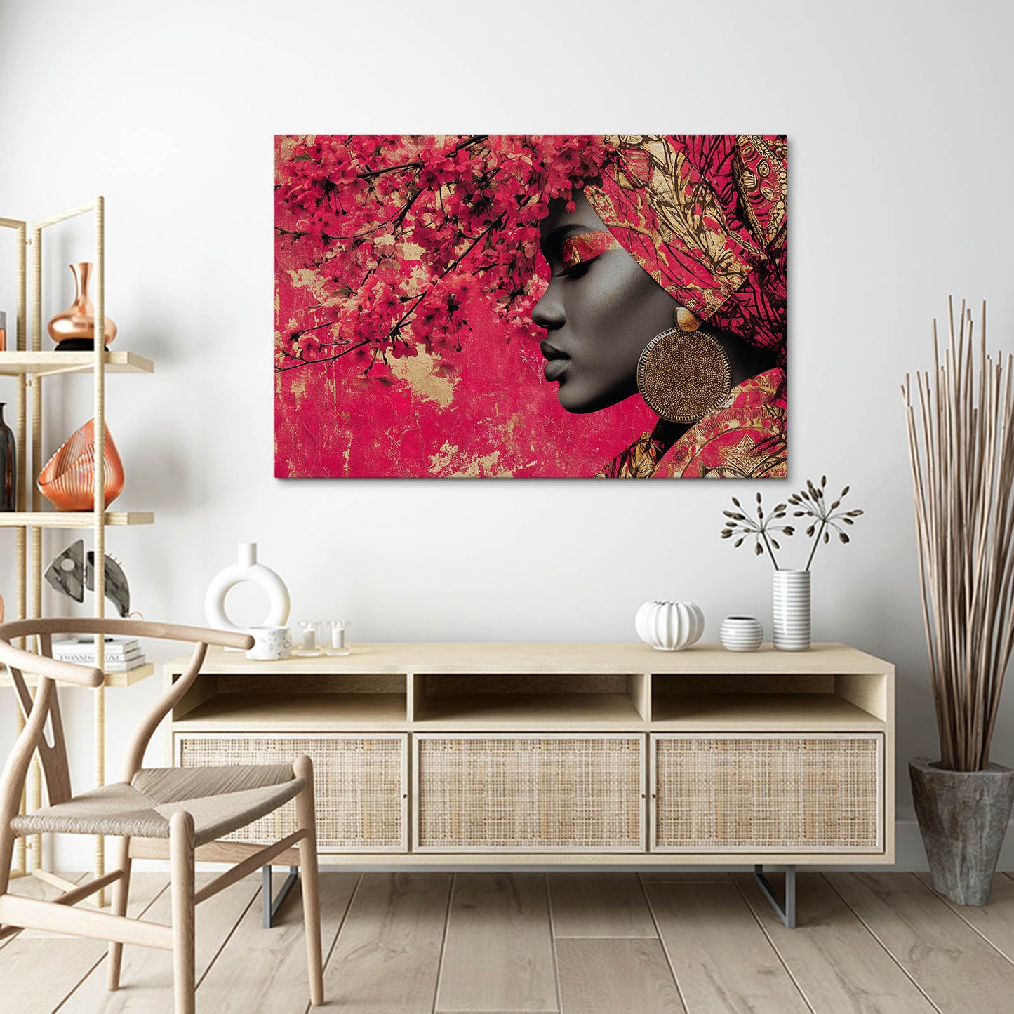 Crimson Headwrap Portrait Cherry Blossom Wall Art – styled in a furnished interior