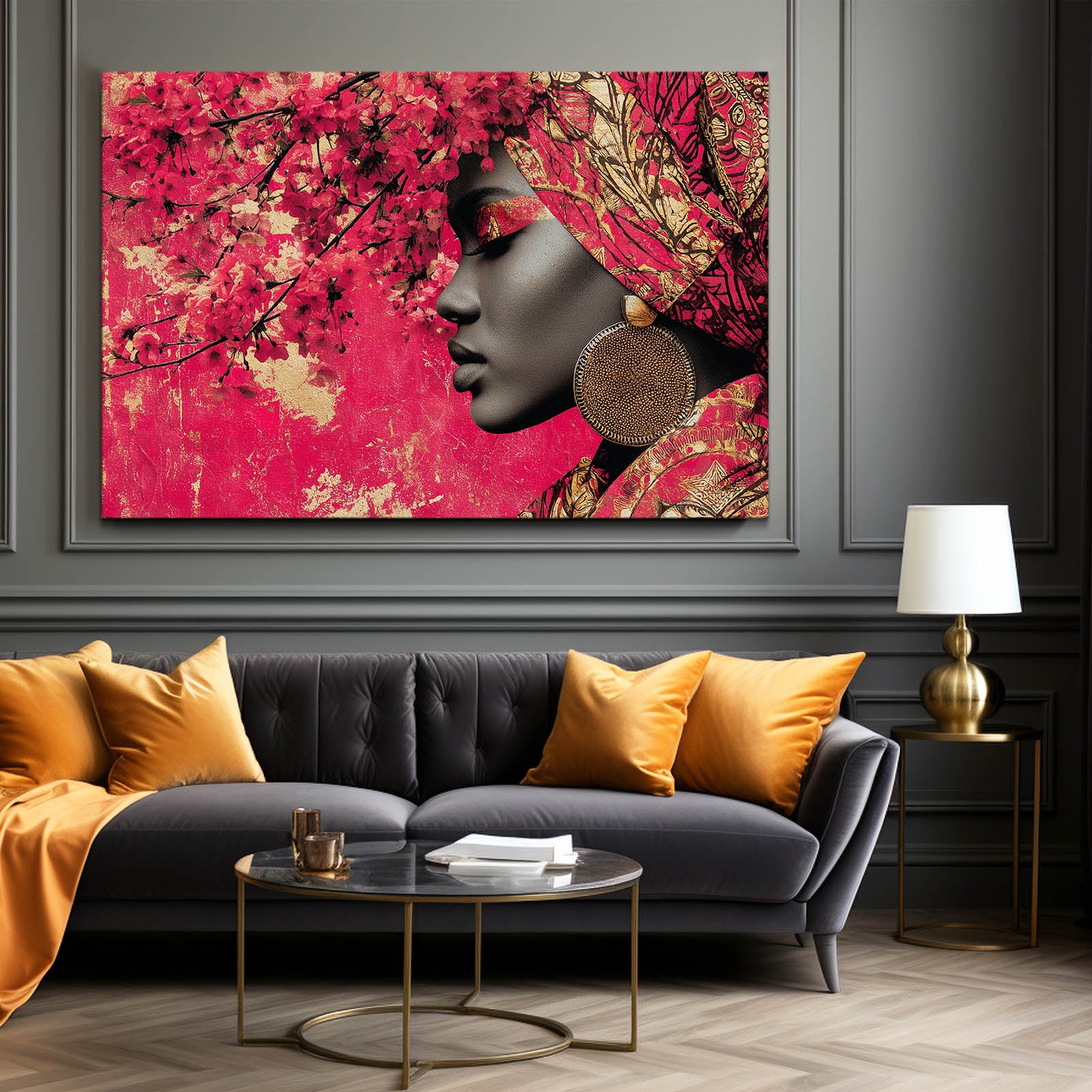 Crimson Headwrap Portrait Cherry Blossom Wall Art – styled in a furnished interior