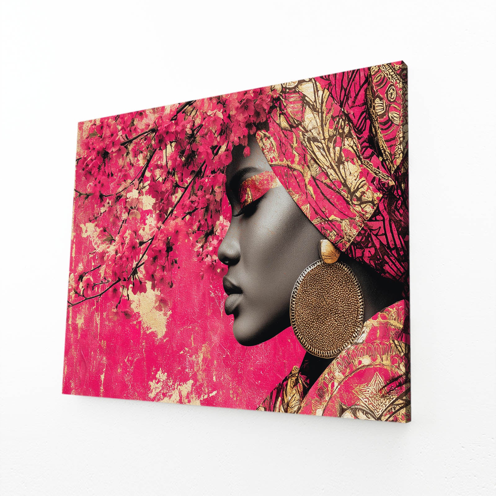 Crimson Headwrap Portrait Cherry Blossom Wall Art – angled canvas view on white background