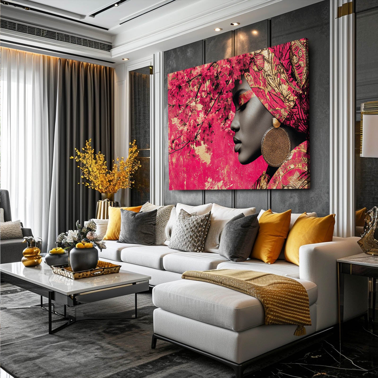 Crimson Headwrap Portrait Cherry Blossom Wall Art – styled in a furnished interior