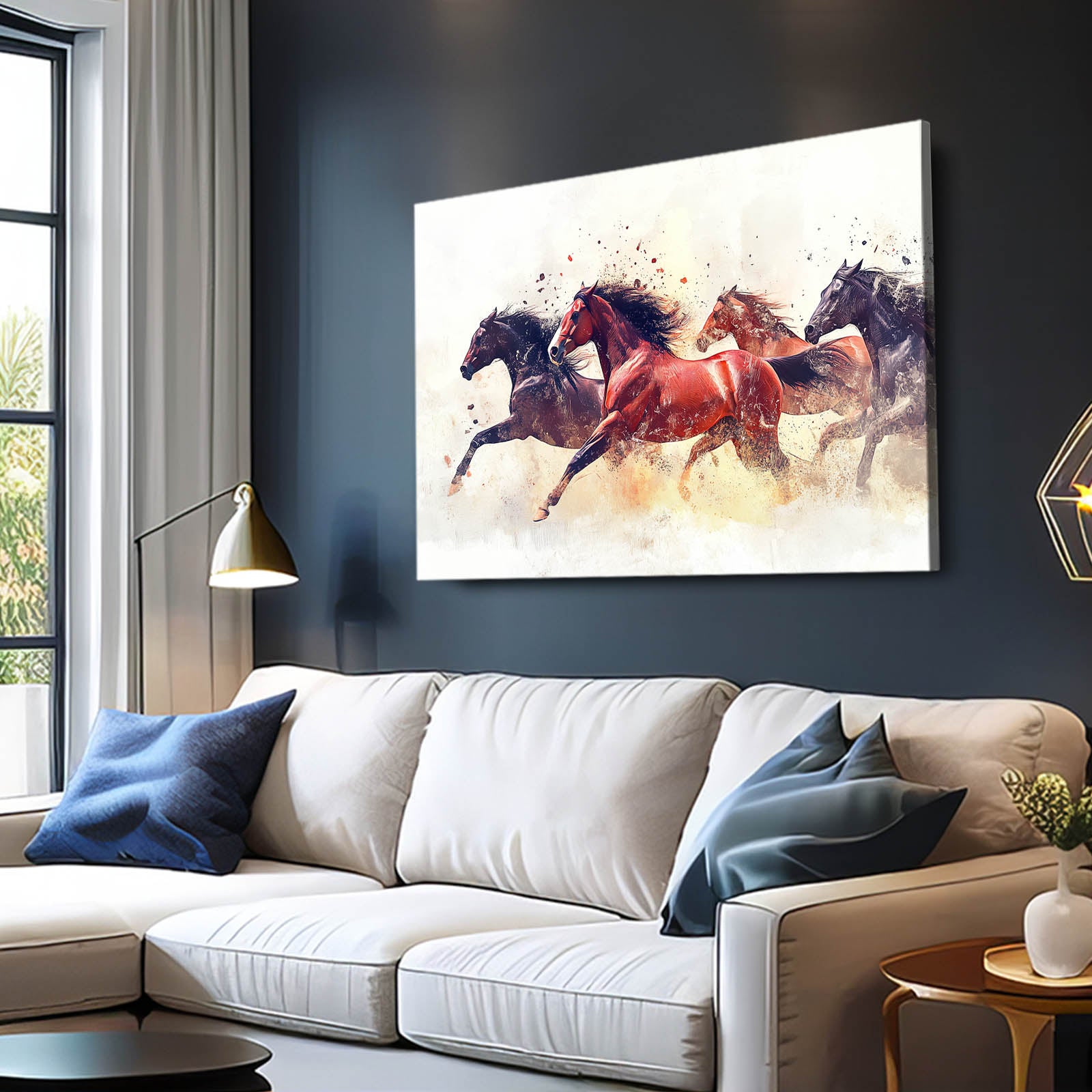 Crimson Herd Charge Horse Wall Art — contemporary canvas print, styled in a furnished interior