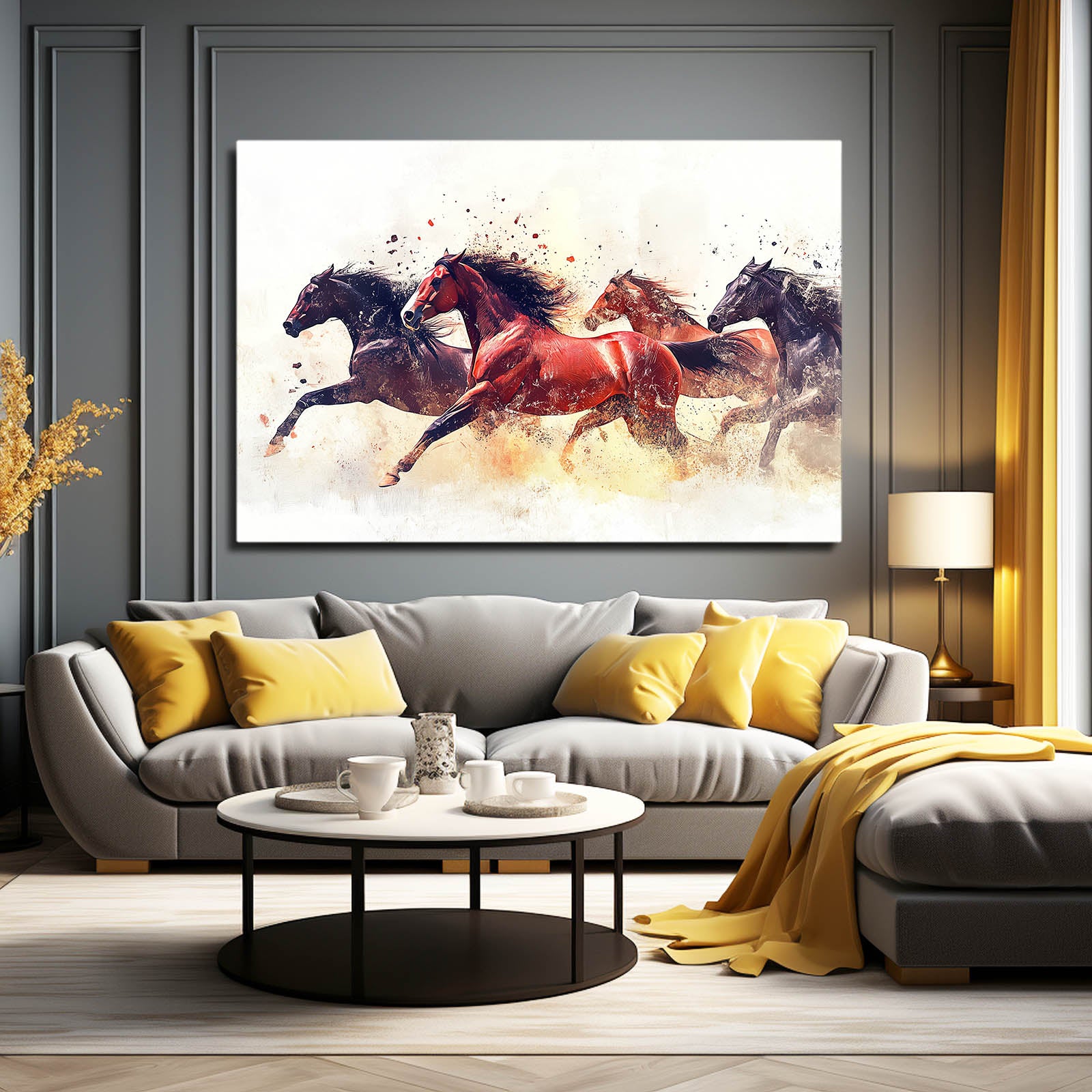 Crimson Herd Charge Horse Wall Art — contemporary canvas print, styled in a furnished interior
