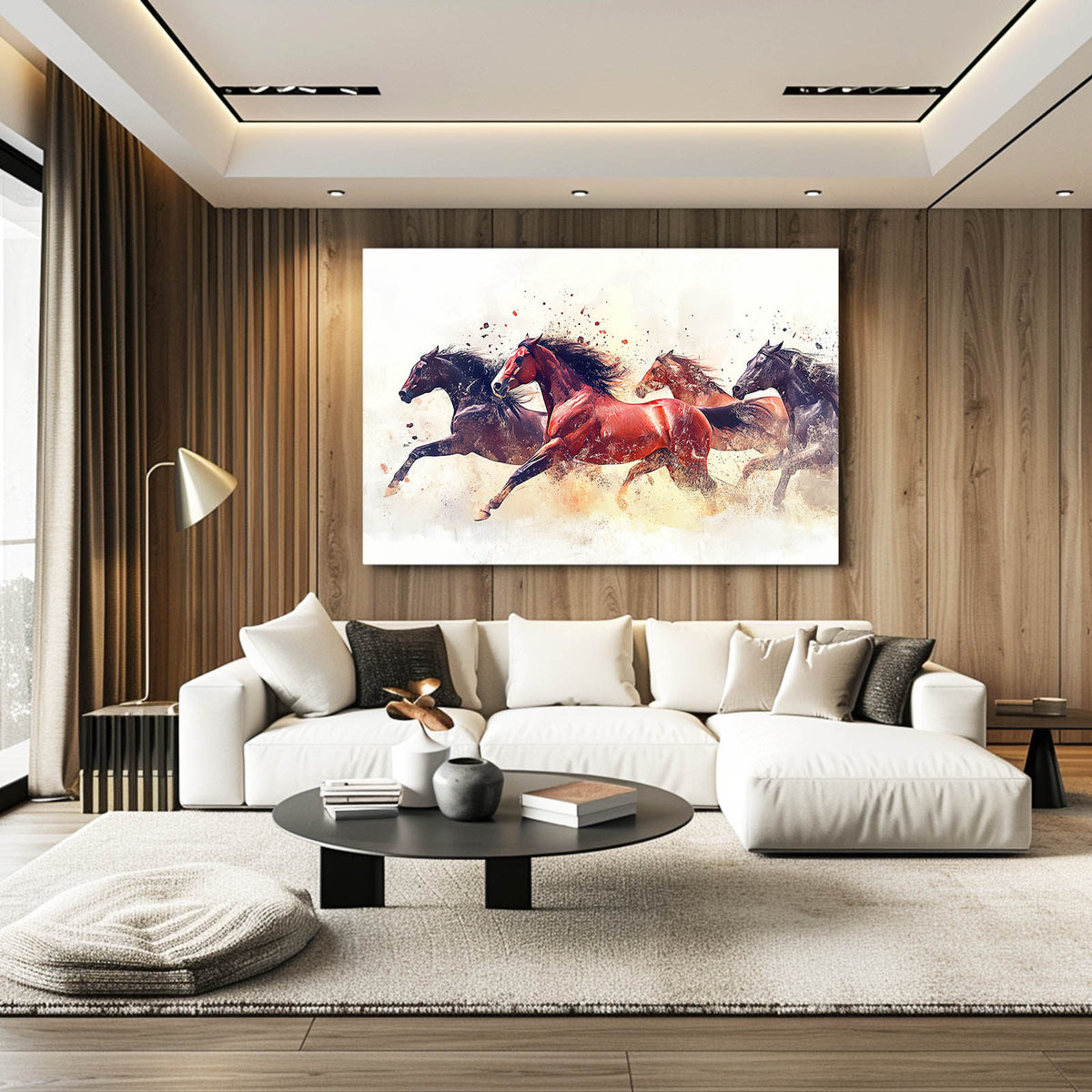 Crimson Herd Charge Horse Wall Art — contemporary canvas print, styled in a furnished interior