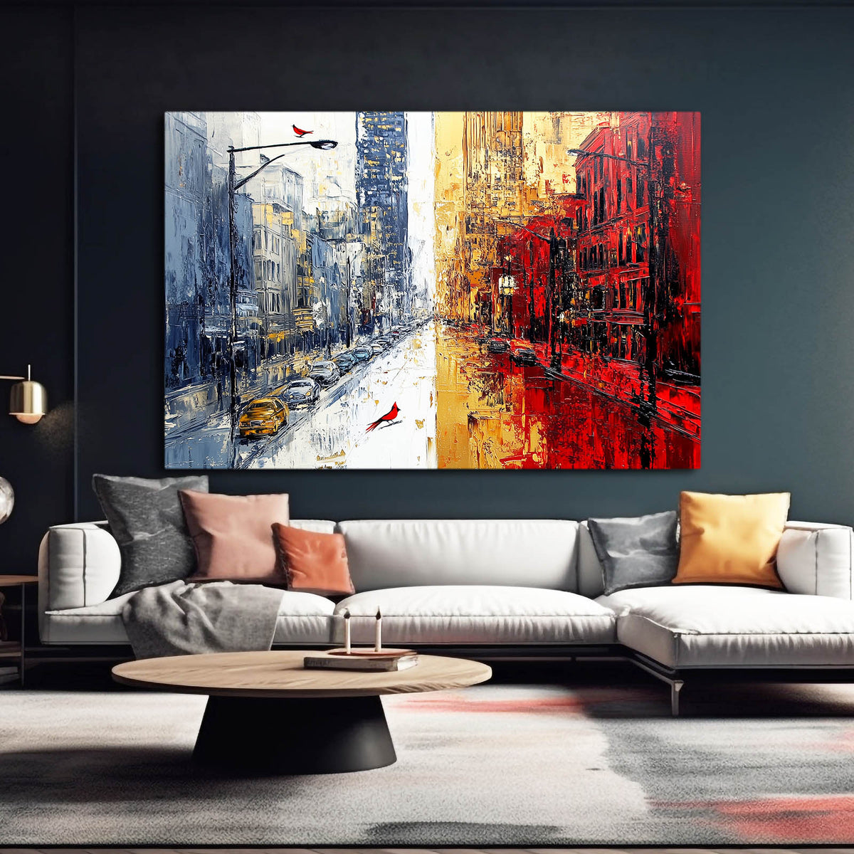 Crimson Indigo Street Cityscape Wall Art — abstract canvas print, styled in a furnished interior