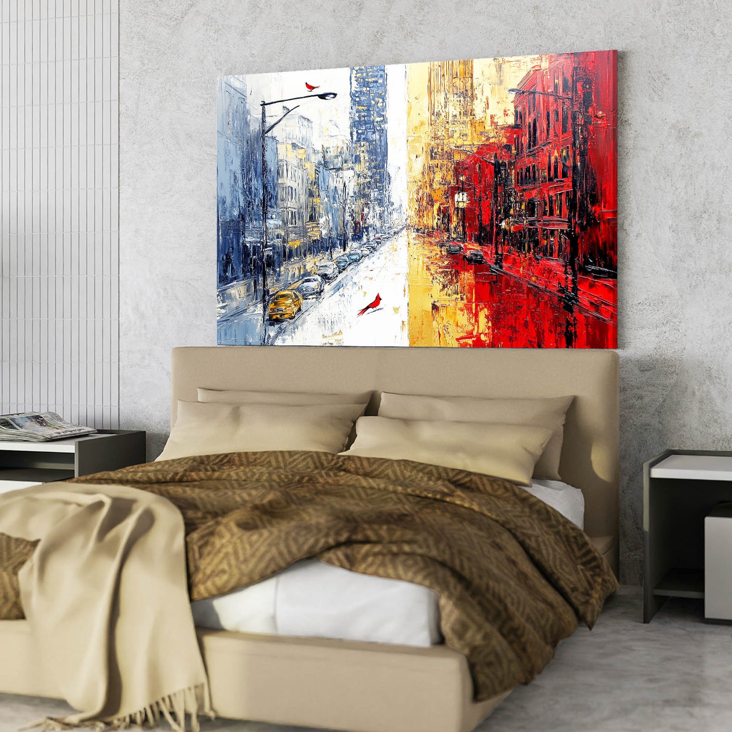 Crimson Indigo Street Cityscape Wall Art — abstract canvas print, styled in a furnished interior
