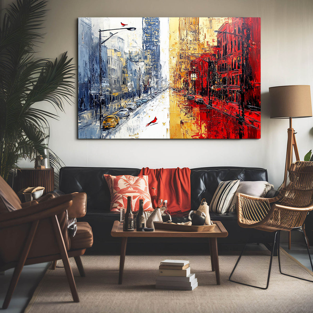 Crimson Indigo Street Cityscape Wall Art — abstract canvas print, styled in a furnished interior