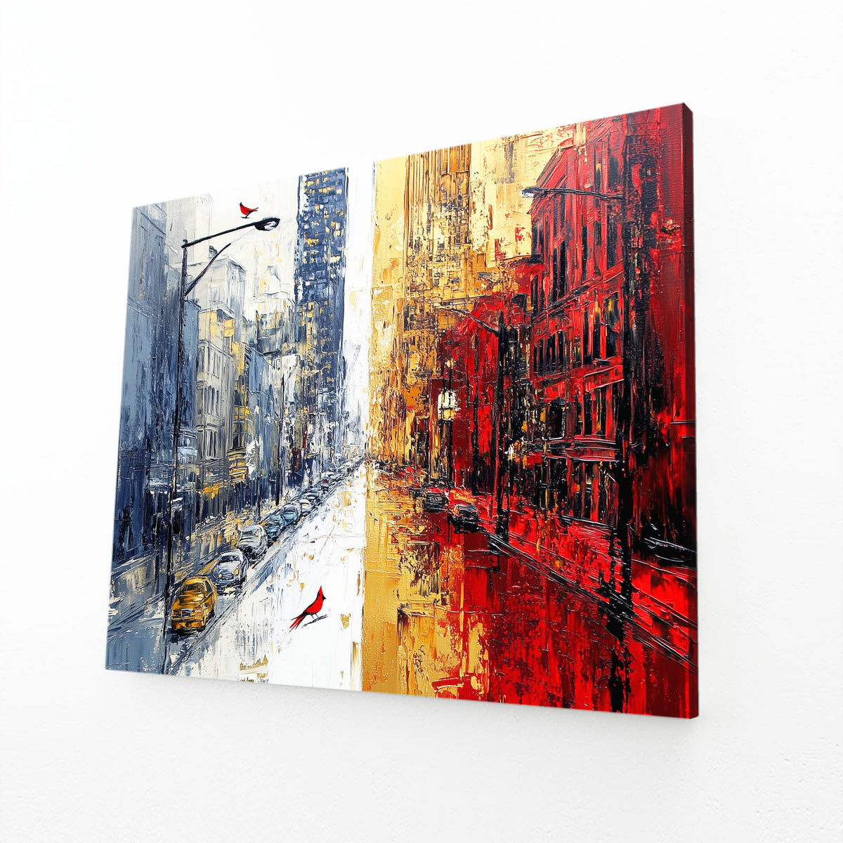 Crimson Indigo Street Cityscape Wall Art — abstract canvas print, angled canvas view on white background