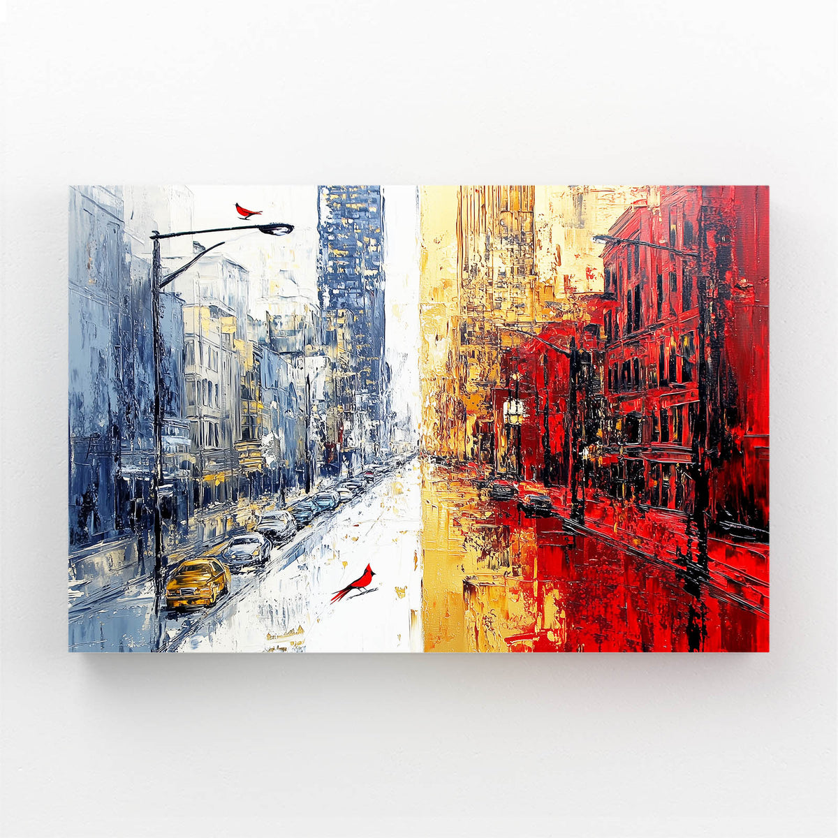 Crimson Indigo Street Cityscape Wall Art — abstract canvas print, angled canvas view on white background
