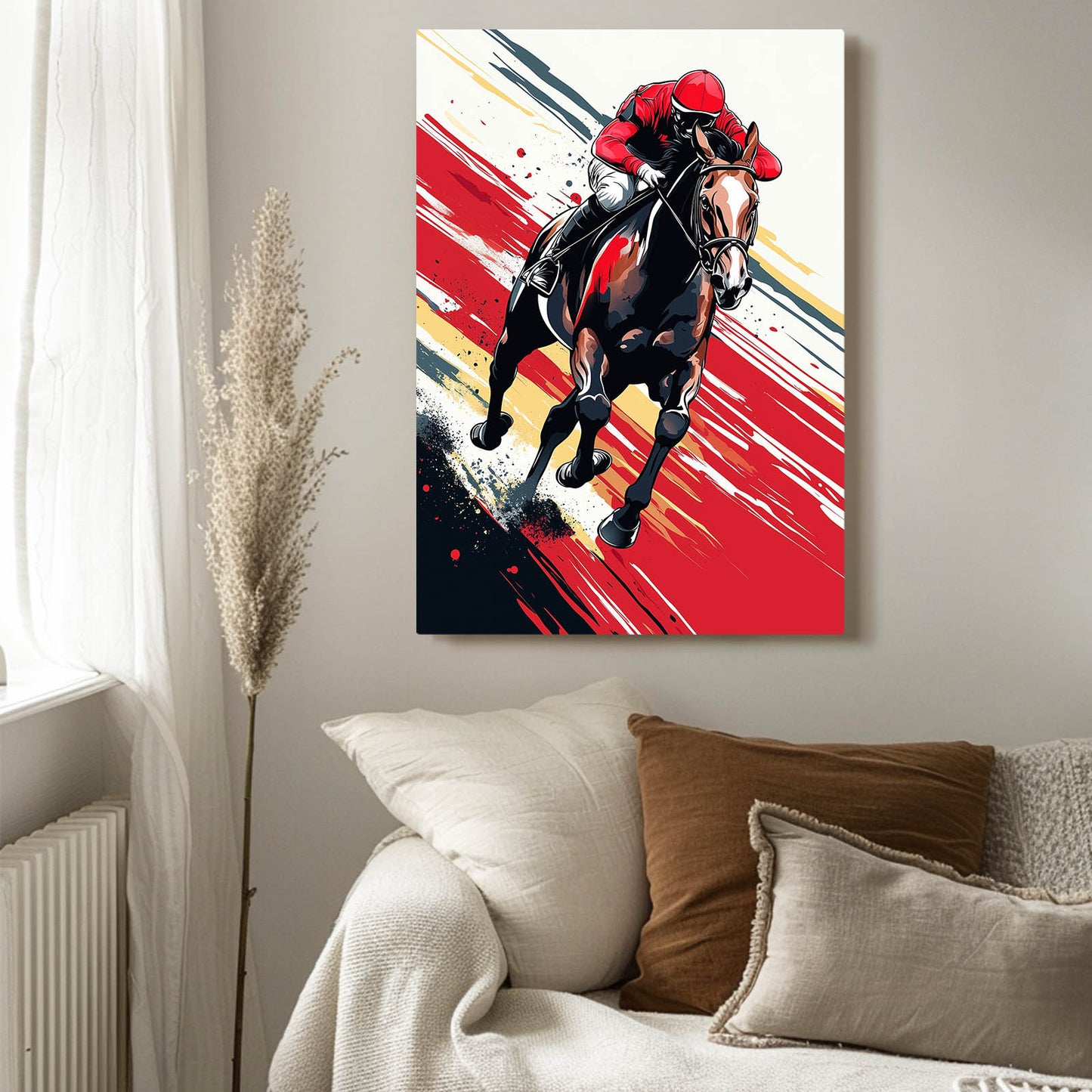 Crimson Jockey Sprint Horse Wall Art — contemporary canvas print, styled in a furnished interior