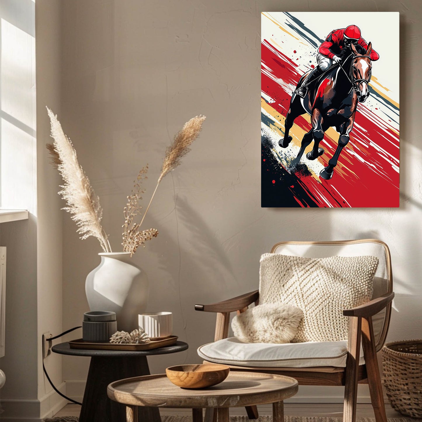 Crimson Jockey Sprint Horse Wall Art — contemporary canvas print, styled in a furnished interior