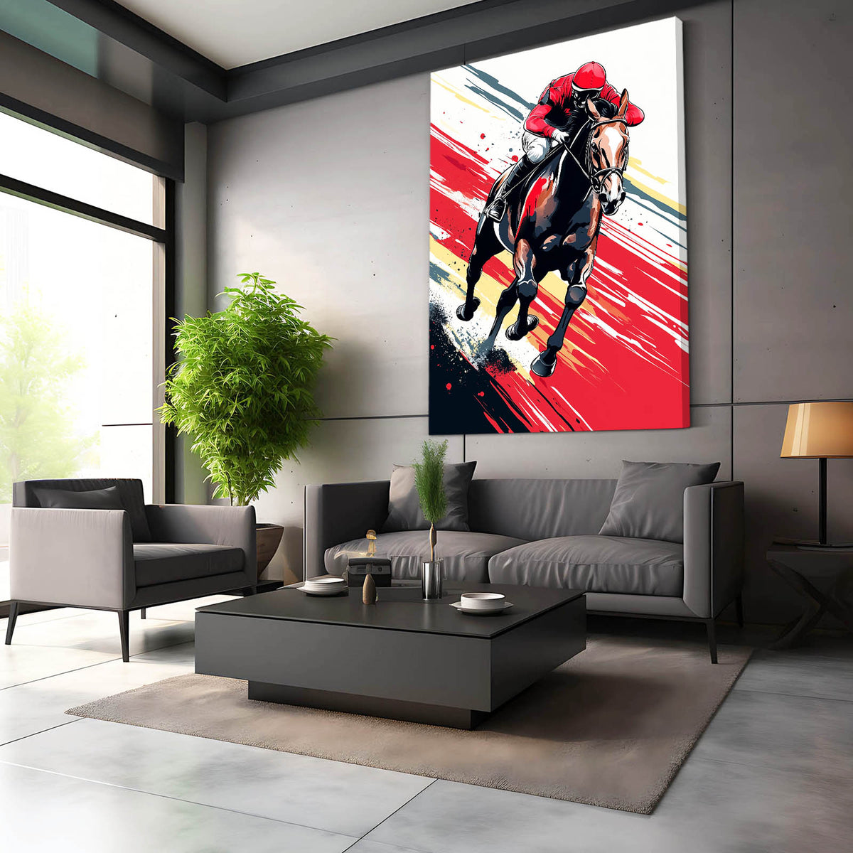 Crimson Jockey Sprint Horse Wall Art — contemporary canvas print, styled in a furnished interior