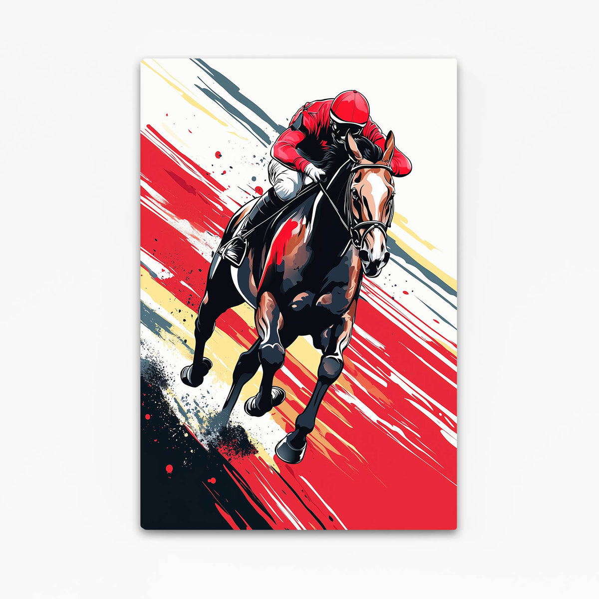 Crimson Jockey Sprint Horse Wall Art — contemporary canvas print, angled canvas view on white background