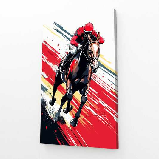 Crimson Jockey Sprint Horse Wall Art — contemporary canvas print, angled canvas view on white background