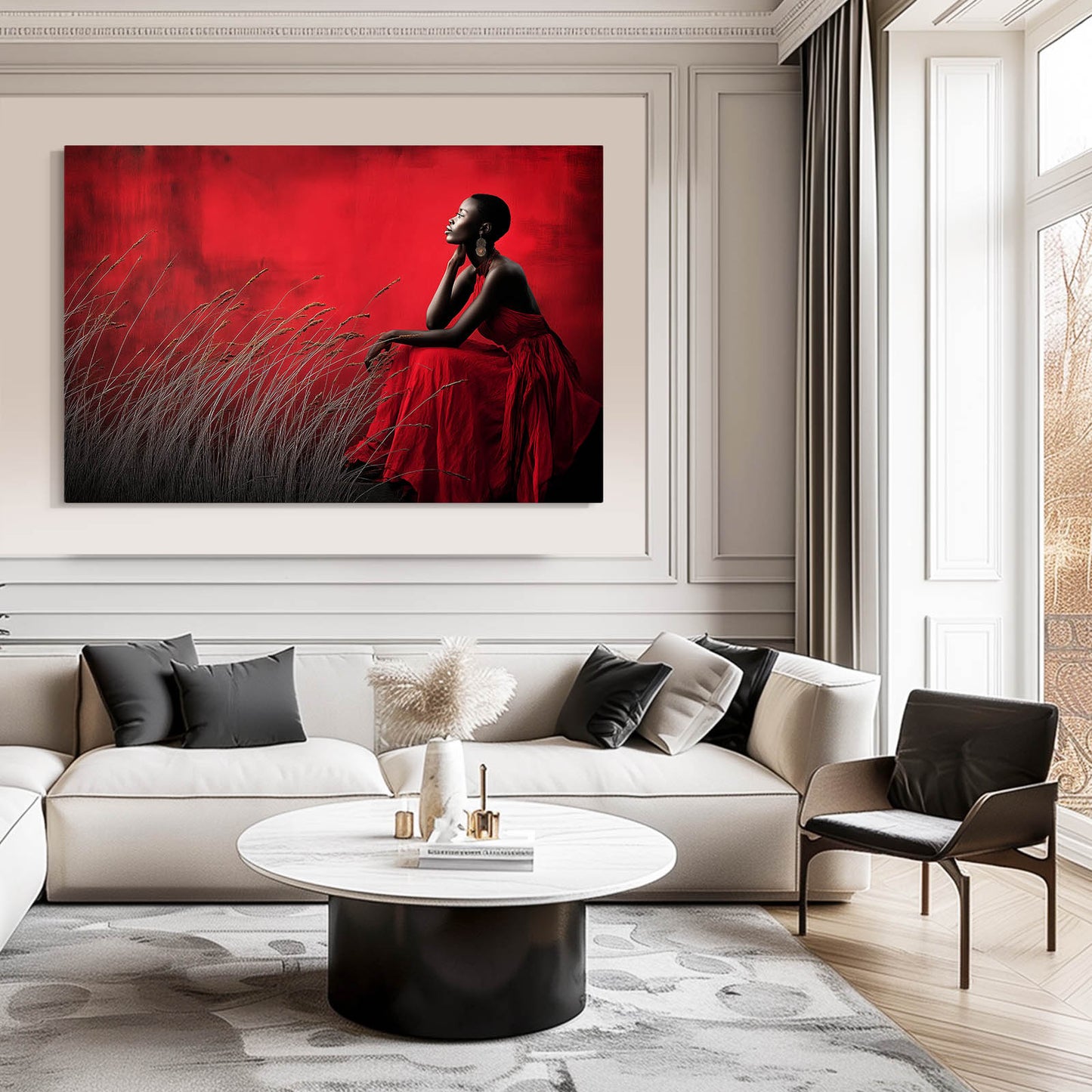 Crimson Meadow Red Photography Wall Art – in a classic white living room