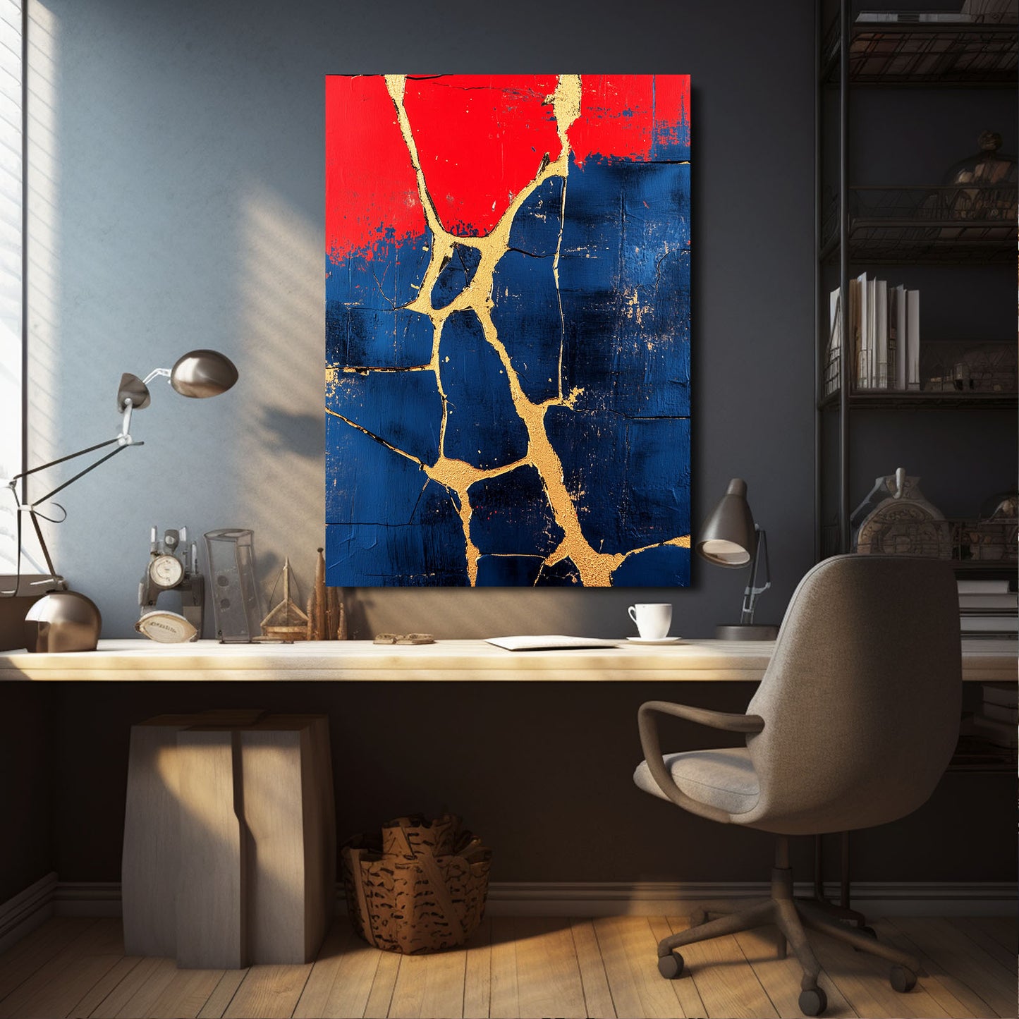 Crimson Navy Kintsugi Abstract Wall Art – styled in a furnished interior