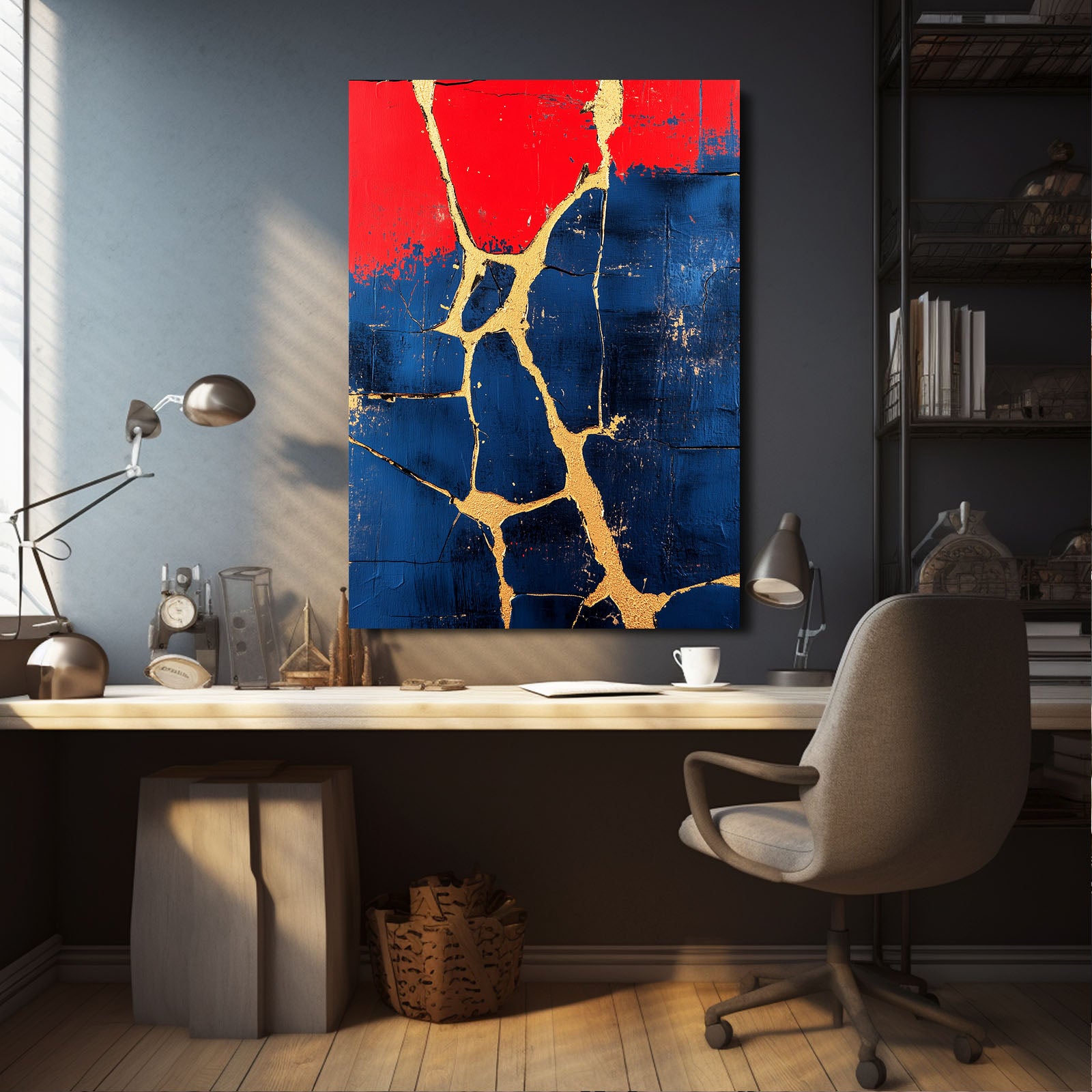 Crimson Navy Kintsugi Abstract Wall Art – styled in a furnished interior