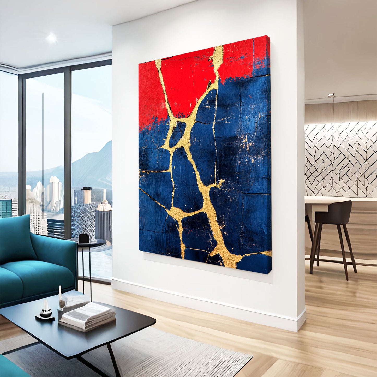 Crimson Navy Kintsugi Abstract Wall Art – styled in a furnished interior