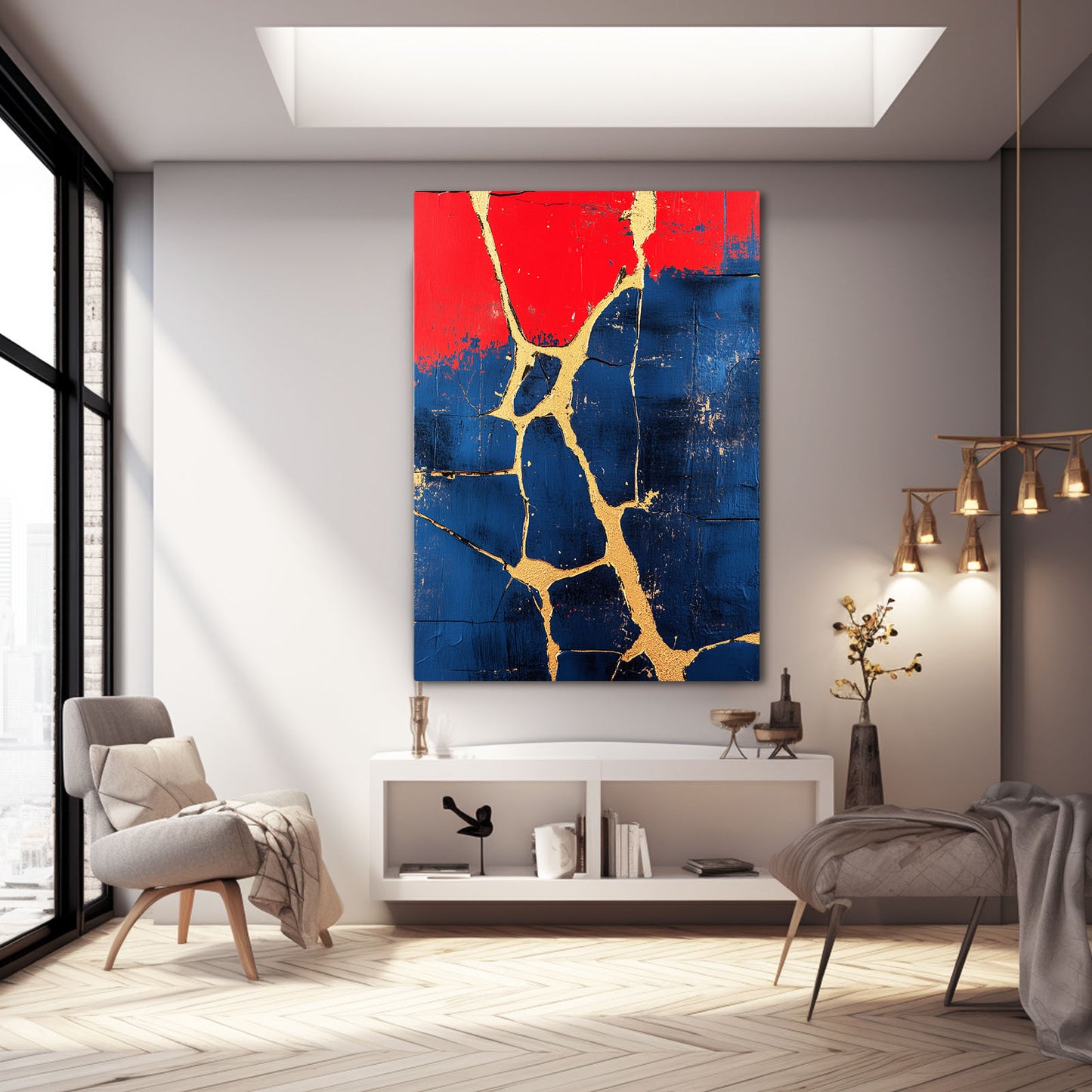 Crimson Navy Kintsugi Abstract Wall Art – styled in a furnished interior