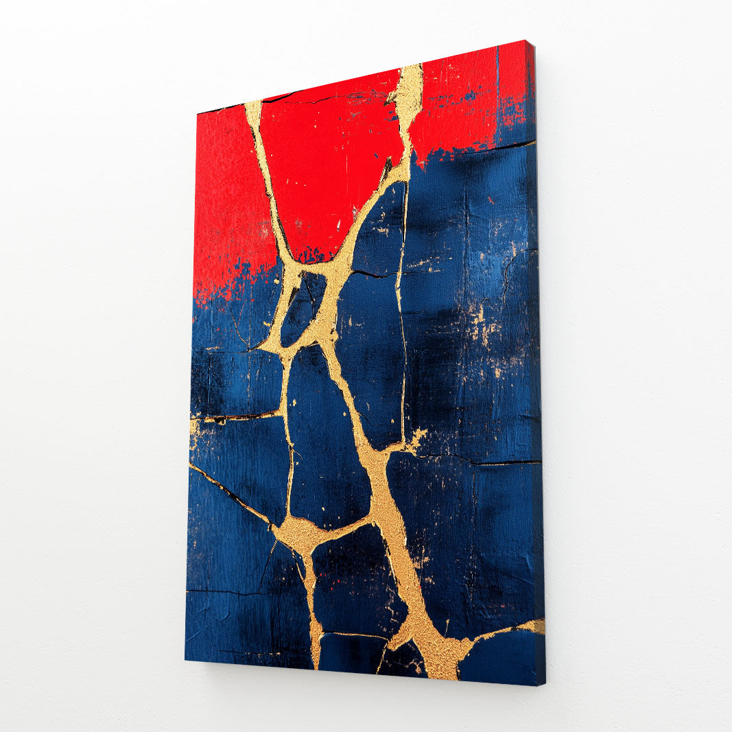 Crimson Navy Kintsugi Abstract Wall Art – angled canvas view on white background