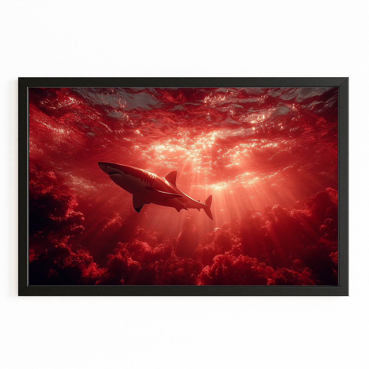 Crimson Ocean Silhouette Shark Prints – with Premium Black frame on white background