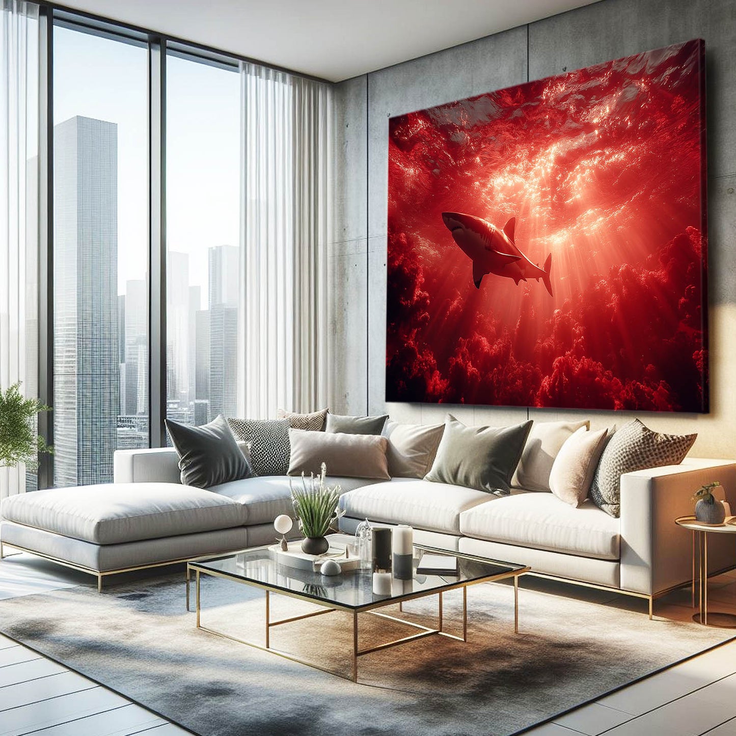 Crimson Ocean Silhouette Shark Prints – styled in a furnished interior