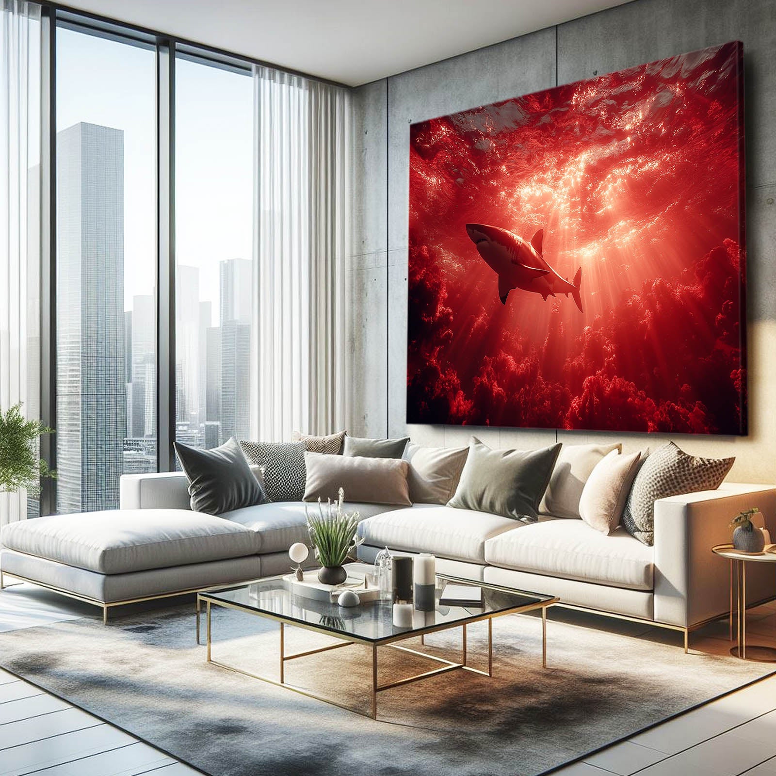 Crimson Ocean Silhouette Shark Prints – styled in a furnished interior