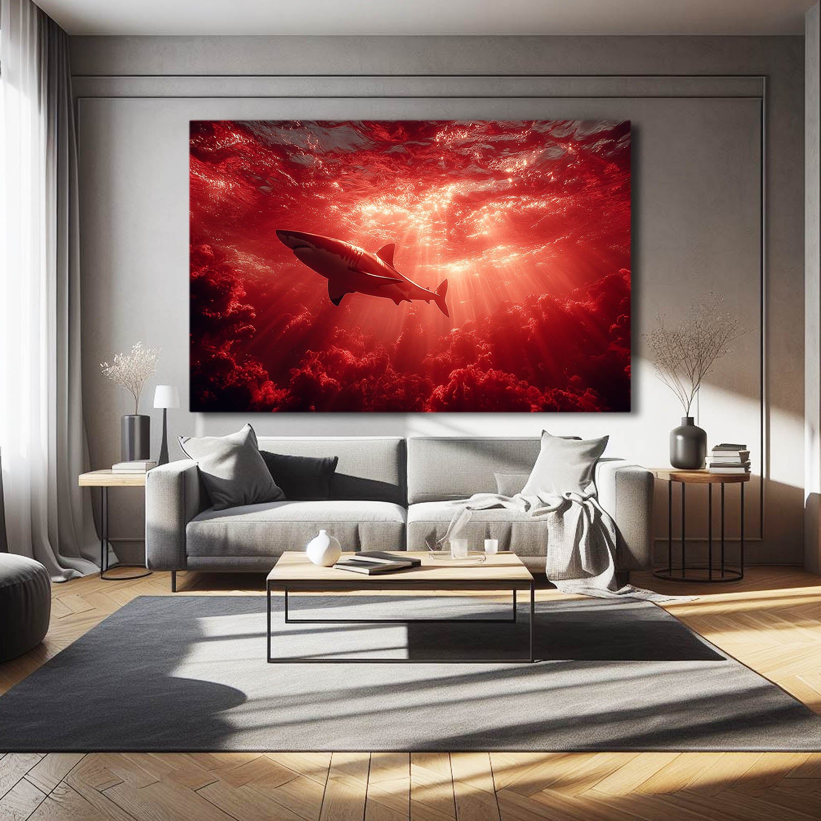Crimson Ocean Silhouette Shark Prints – styled in a furnished interior