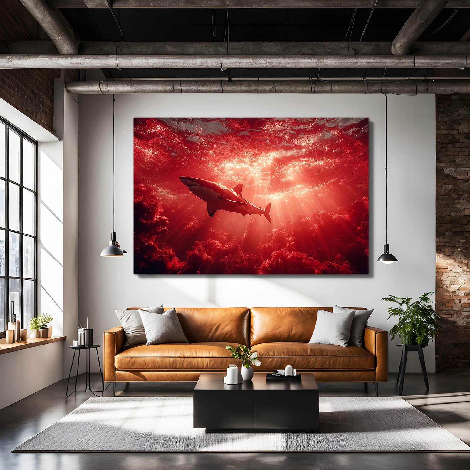 Crimson Ocean Silhouette Shark Prints – styled in a furnished interior