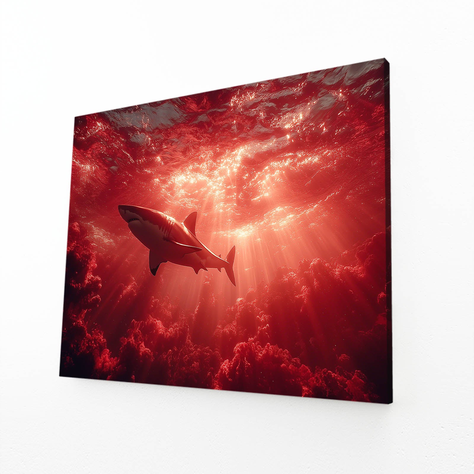 Crimson Ocean Silhouette Shark Prints – angled canvas view on white background